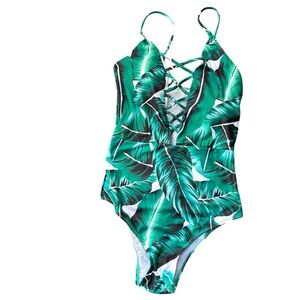 NWOT Tropical Palm Leaf Women’s One-Piece Swimsuit with Front Criss-cross